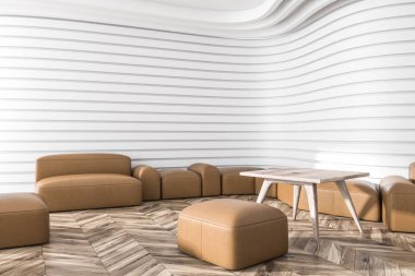 Beyaz ofis bekleme odası ile deri koltuklar