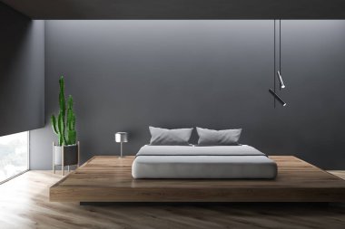 Şık yatak odası iç king size Yataklı, moda bir beyaz yatak ile. 3D render.