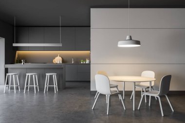 Modern rahat tasarım mutfak iç mobilya ile. 3D render.