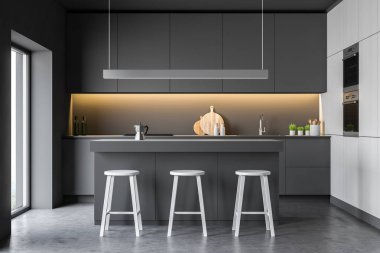 Modern rahat tasarım mutfak iç mobilya ile. 3D render.