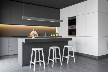 Modern rahat tasarım mutfak iç mobilya ile. 3D render.