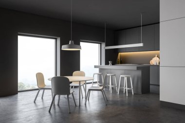 Modern tasarım mutfak iç pencere ve şehir veiw ile. 3D render.