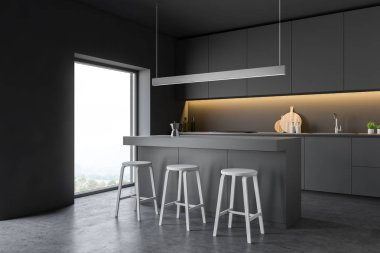 Modern tasarım mutfak iç pencere ve şehir veiw ile. 3D render.