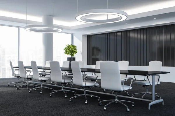 Moderní konferenční místnosti s nábytkem, velkými okny a město zobrazit 3d vykreslení koncept úspěchu — Stock fotografie