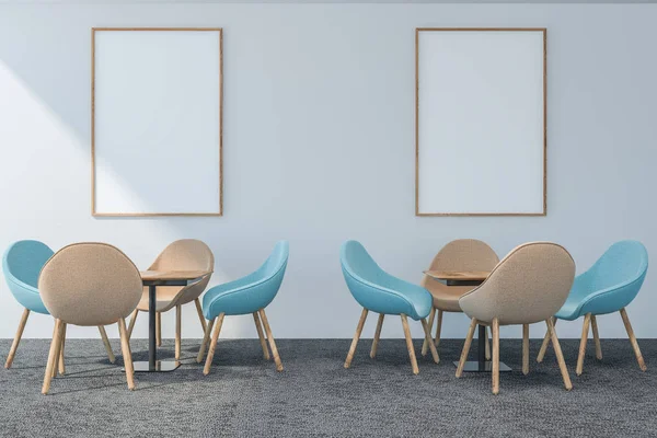 Beyaz Restoran iç ahşap masa, sandalye ile. 3D render. Kadar alay et. Duvarda posterler.