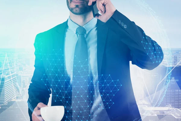 Man with coffee on phone in city, planet — Stock Photo, Image