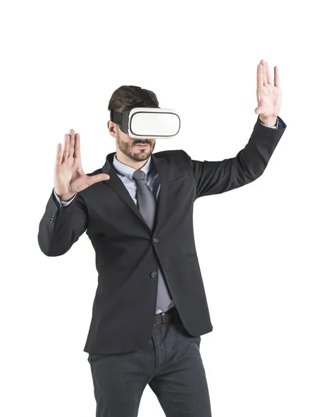 Businessman in vr glasses gesturing, isolated — Stock Photo, Image