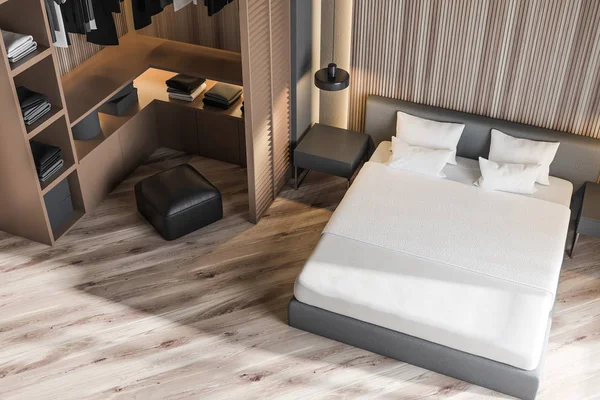 Snygga sovrum inredning med vita sängkläder av king size-säng i fashionabla. 3D render. Garderob. Ovanifrån — Stockfoto