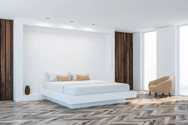 Стильный интерьер спальни с белыми кроватями размера "king-size" в моде. 3D рендеринг . — стоковое фото