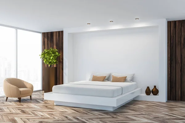 Interior do quarto elegante com roupa de cama branca de cama king size na moda. Renderização 3d . — Fotografia de Stock