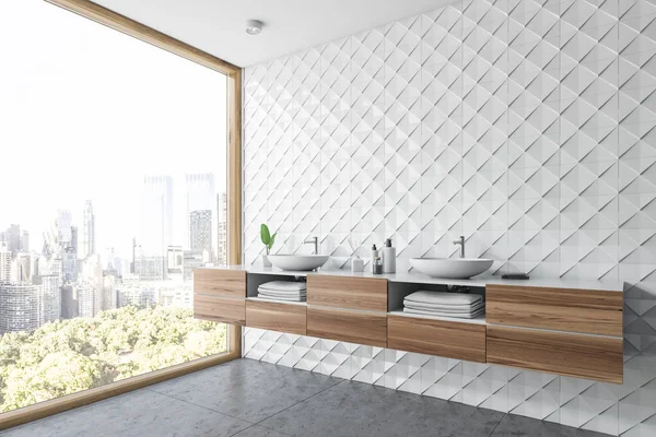 Белый кафельный угол ванной комнаты, двойная раковина — стоковое фото