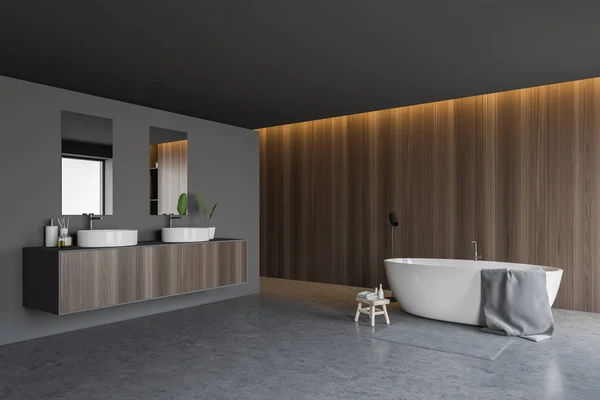 Grau und Holz Badezimmer Ecke, Badewanne und Waschbecken — Stockfoto