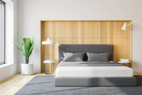 Stilvolles Schlafzimmer-Interieur mit weißer Bettwäsche von King Size-Bett in modischer. 3D-Darstellung. — Stockfoto