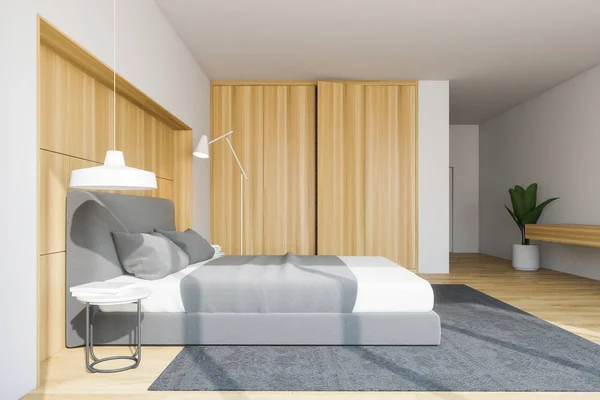 Interior do quarto elegante com roupa de cama branca de cama king size na moda. Renderização 3d . — Fotografia de Stock