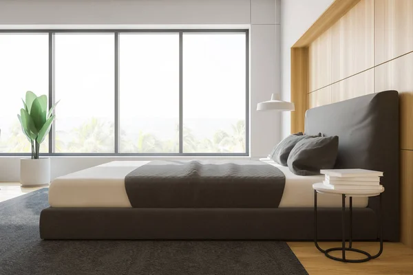 Interior do quarto elegante com roupa de cama branca de cama king size na moda. Renderização 3d . — Fotografia de Stock