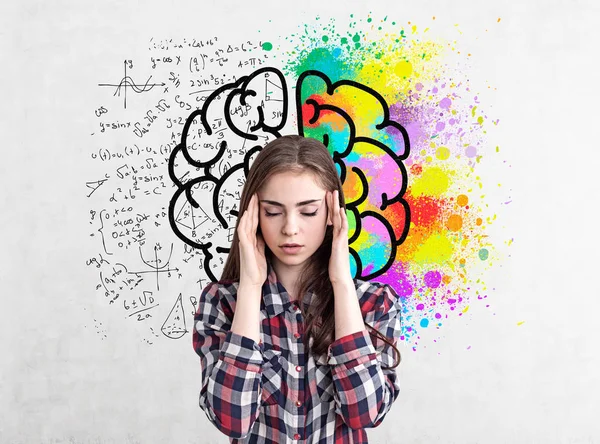 Stressed young woman, brain sketch — Stock Photo, Image