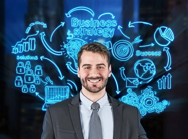 Empresário sorridente, estratégia de negócios brainstorm — Fotografia de Stock