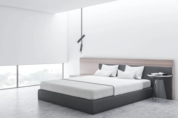 Stilvolles Schlafzimmer-Interieur mit weißer Bettwäsche von King Size-Bett in modischer. 3D-Darstellung. — Stockfoto