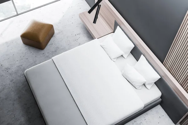 Wnętrza stylowej sypialni z białą pościel łóżko king size w modne. renderowania 3D. Widok z góry — Zdjęcie stockowe