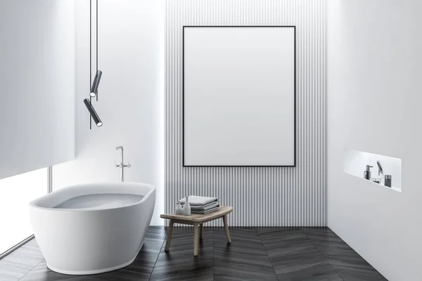 Interior kamar mandi bergaya hitam dan putih dengan bak mandi. render 3d . — Stok Foto
