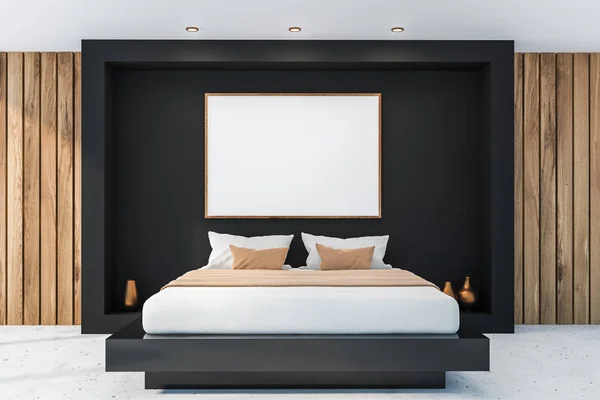 Elegante dormitorio interior con ropa de cama blanca de cama king size en moda. 3d renderizar . —  Fotos de Stock