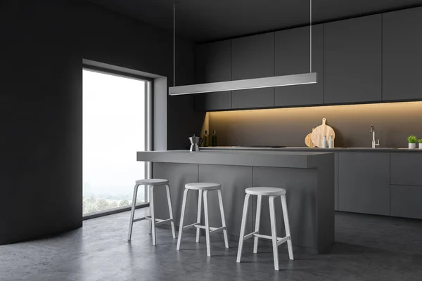 Intérieur de cuisine moderne avec fenêtre et veiw ville. 3d Render . — Photo