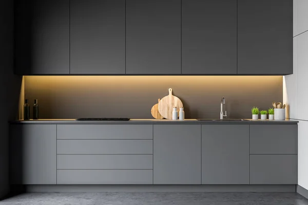 Progettare interni cucina con mobili. Render 3d . — Foto Stock