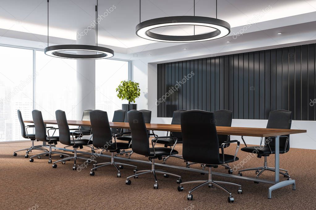 Modern conference room with furniture, big windows and city view 3D Render Concept of successful business