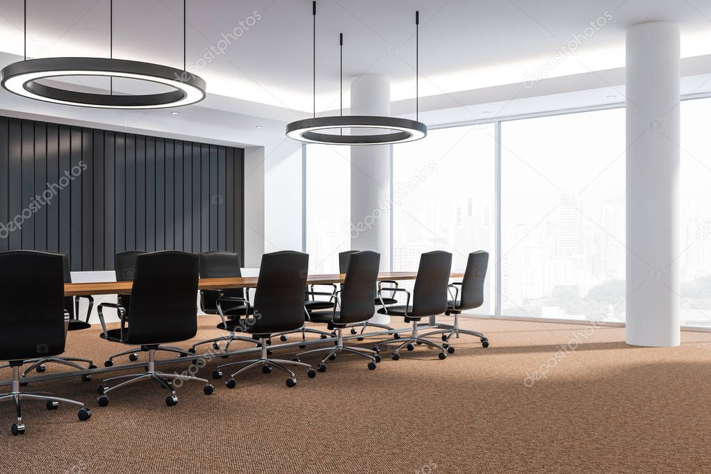 Modern design conference room with big windows and city view 3D Render. Concept of success