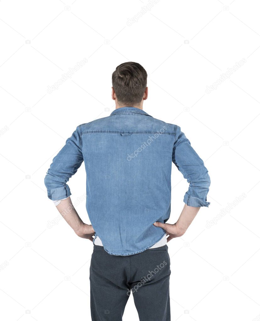 Rear view of casual man looking forward, isolated
