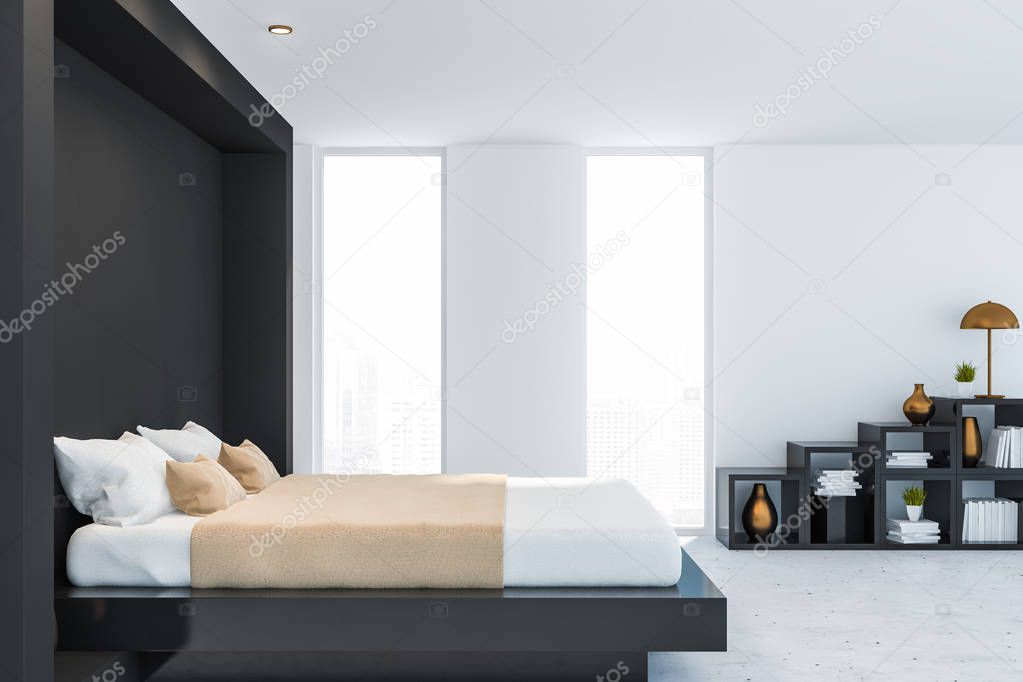 Stylish bedroom interior with white bedding of king size bed in fashionable. 3d render.