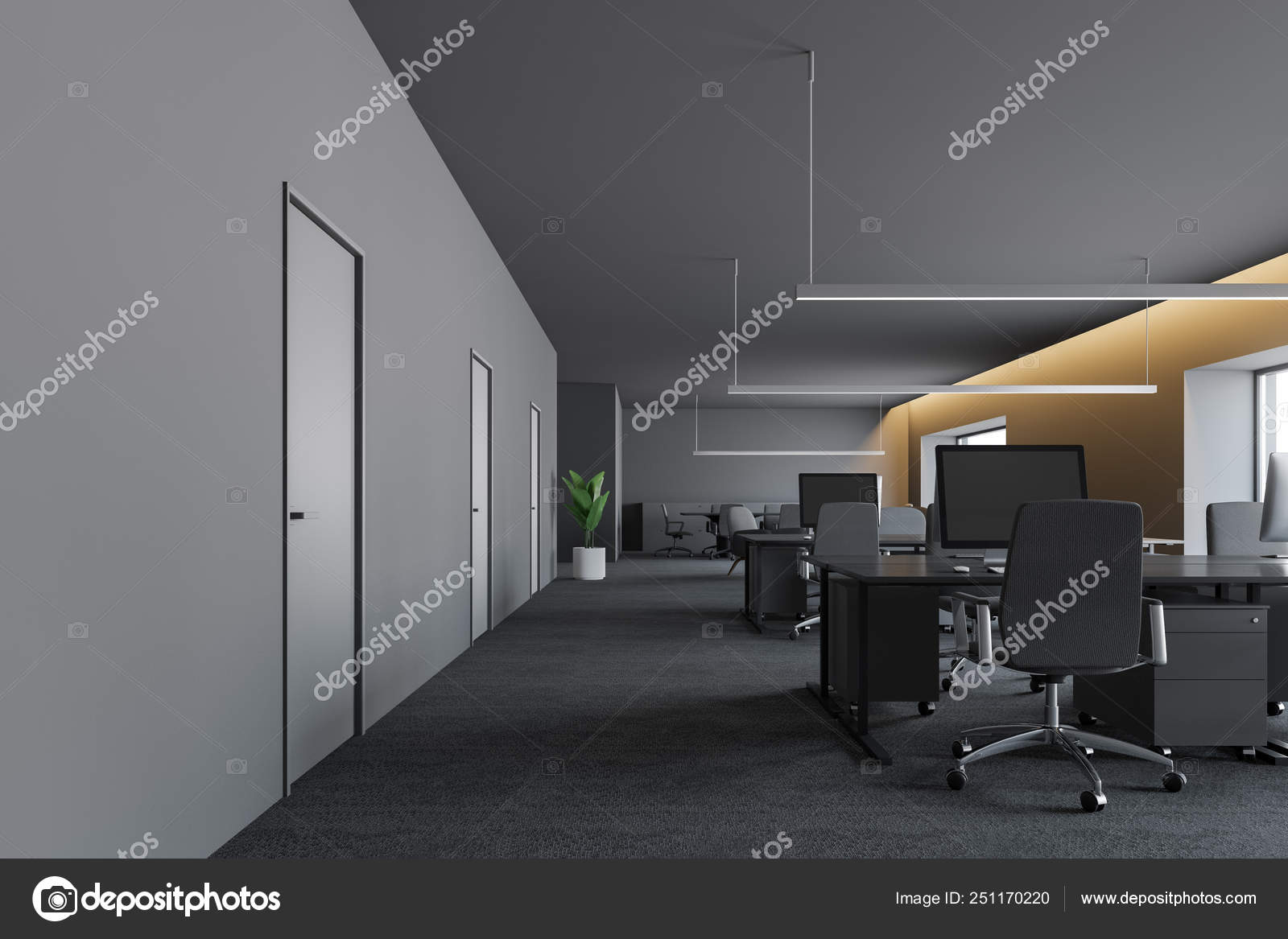 Modern design dark office interior with work space. 3D render Stock Photo  by ©denisismagilov 251170220