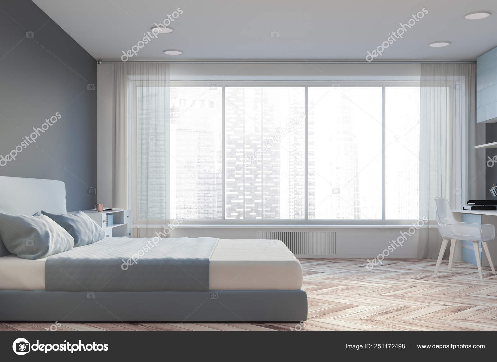 Gray Master Bedroom Interior With Home Office Stock Photo