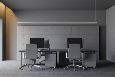 Çalışma alanı ile modern karanlık ofis iç. 3D render