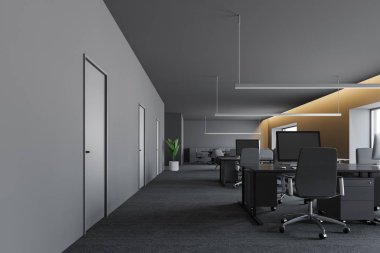 Modern tasarım karanlık ofis iç çalışma alanı ile. 3D render
