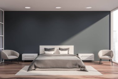 Şık yatak odası iç king size Yataklı, moda bir beyaz yatak ile. 3D render.