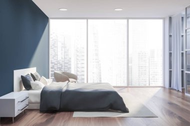 Şık yatak odası iç king size Yataklı, moda bir beyaz yatak ile. 3D render.