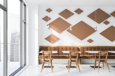 Beyaz Restoran iç ahşap masa, sandalye ile. 3D render