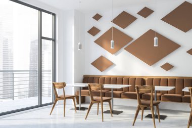 Beyaz Restoran iç ahşap masa, sandalye ile. 3D render