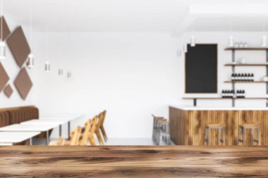 Beyaz Restoran iç ahşap masa, sandalye ile. 3D render