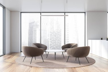 Relax alan içeren modern beyaz boş ofis iç. 3D render