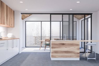 Modern tasarım mutfak iç pencere ve şehir veiw ile. 3D render.