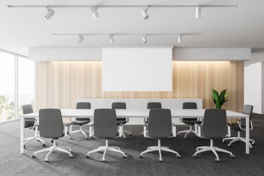 Modern beyaz boş ofis iç tartışmalar alanına sahip. 3D render. Mockup poster.