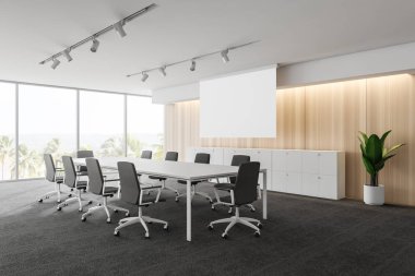 Modern beyaz boş ofis iç tartışmalar alanına sahip. 3D render. Mockup poster.