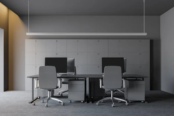 Modern dark office interior with work space. 3D render