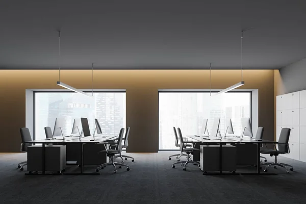 Moderno interno ufficio scuro con spazio di lavoro. Rendering 3D. Veiw di città . — Foto Stock