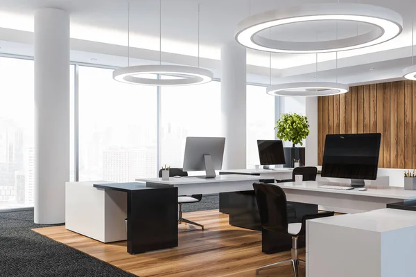 Moderno ufficio bianco vuoto interno con spazio di lavoro. Rendering 3D. Vista sulla città . — Foto Stock
