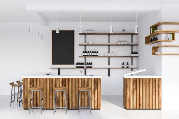 Інтер'єр білого ресторану з дерев'яними столами, стільцями. 3d візуалізація — стокове фото