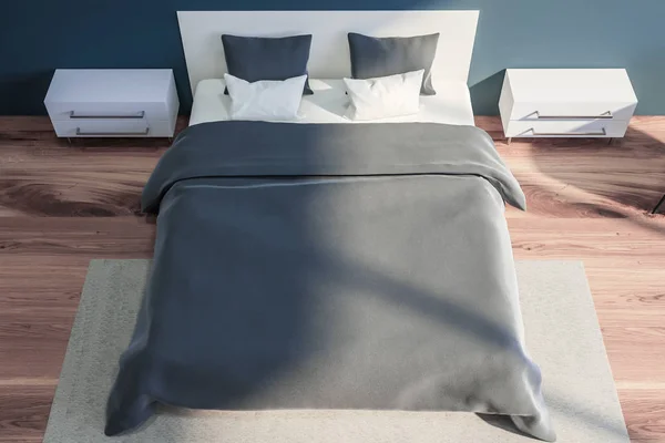 Wnętrza stylowej sypialni z białą pościel łóżko king size w modne. renderowania 3D. Widok z góry — Zdjęcie stockowe