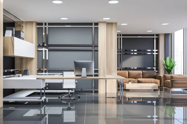 Gray manager office interior with lounge — Stock Photo, Image